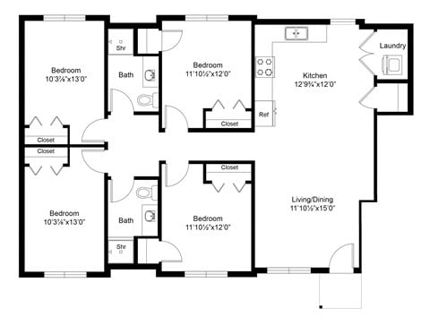 Floor plan for 4 beds, 2 baths, 1369 sqft